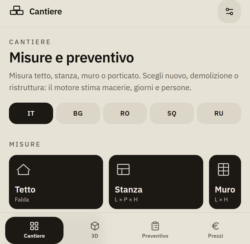 App Misure e preventivo: tetto, stanza, muro